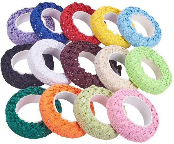 CRASPIRE 28 Yards 14 Colors Lace Ribbon Self Adhesive Lace Tape 5/8 Cotton  Lace Ribbon Lace Trim Scrapbook Tape Card Making Supplies, 2yards/Roll