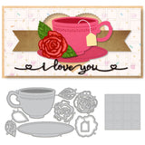 CRASPIRE Roses, Teacups, Checkered BackgroundCarbon Steel Cutting Dies Stencils, for DIY Scrapbooking/Photo Album, Decorative Embossing DIY Paper Card