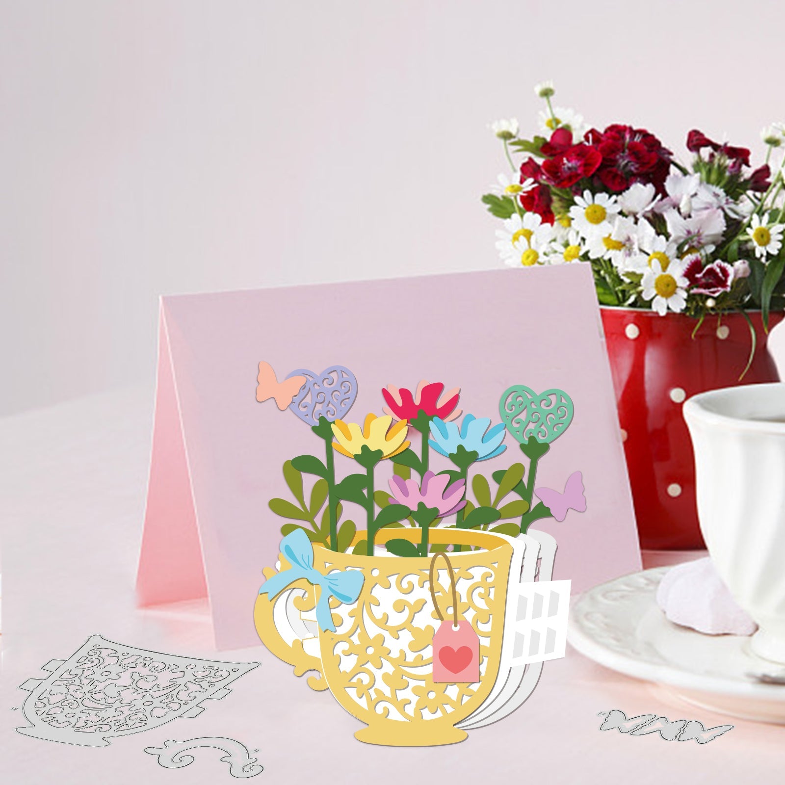 CRASPIRE Coffee Cup, Flowers Carbon Steel Cutting Dies Stencils, for DIY Scrapbooking/Photo Album, Decorative Embossing DIY Paper Card