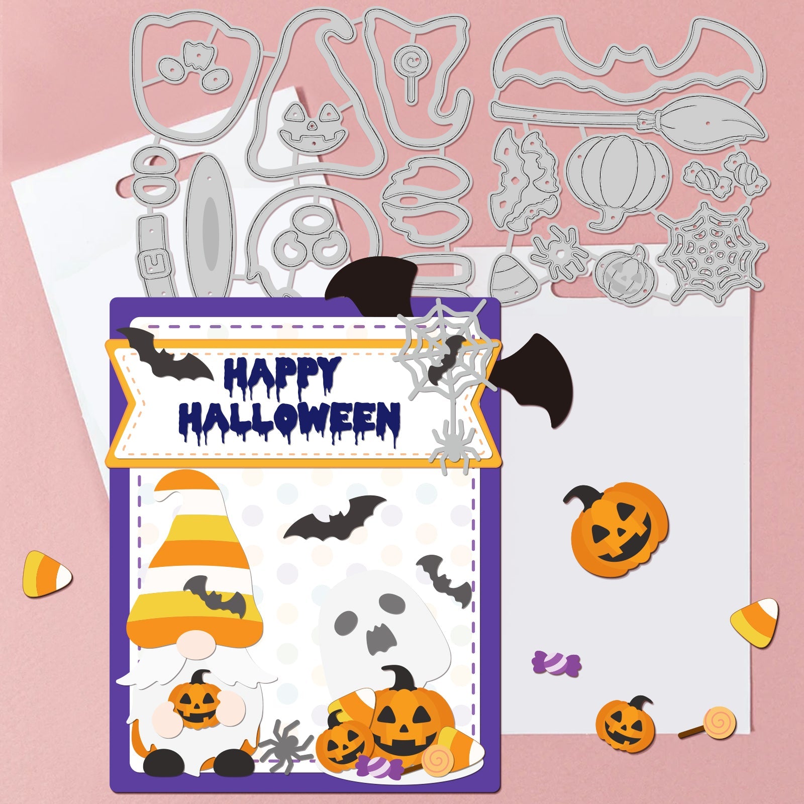 CRASPIRE Halloween Gnome, Pumpkin, Bat, Ghost, Spider, Candy Carbon Steel Cutting Dies Stencils, for DIY Scrapbooking/Photo Album, Decorative Embossing DIY Paper Card
