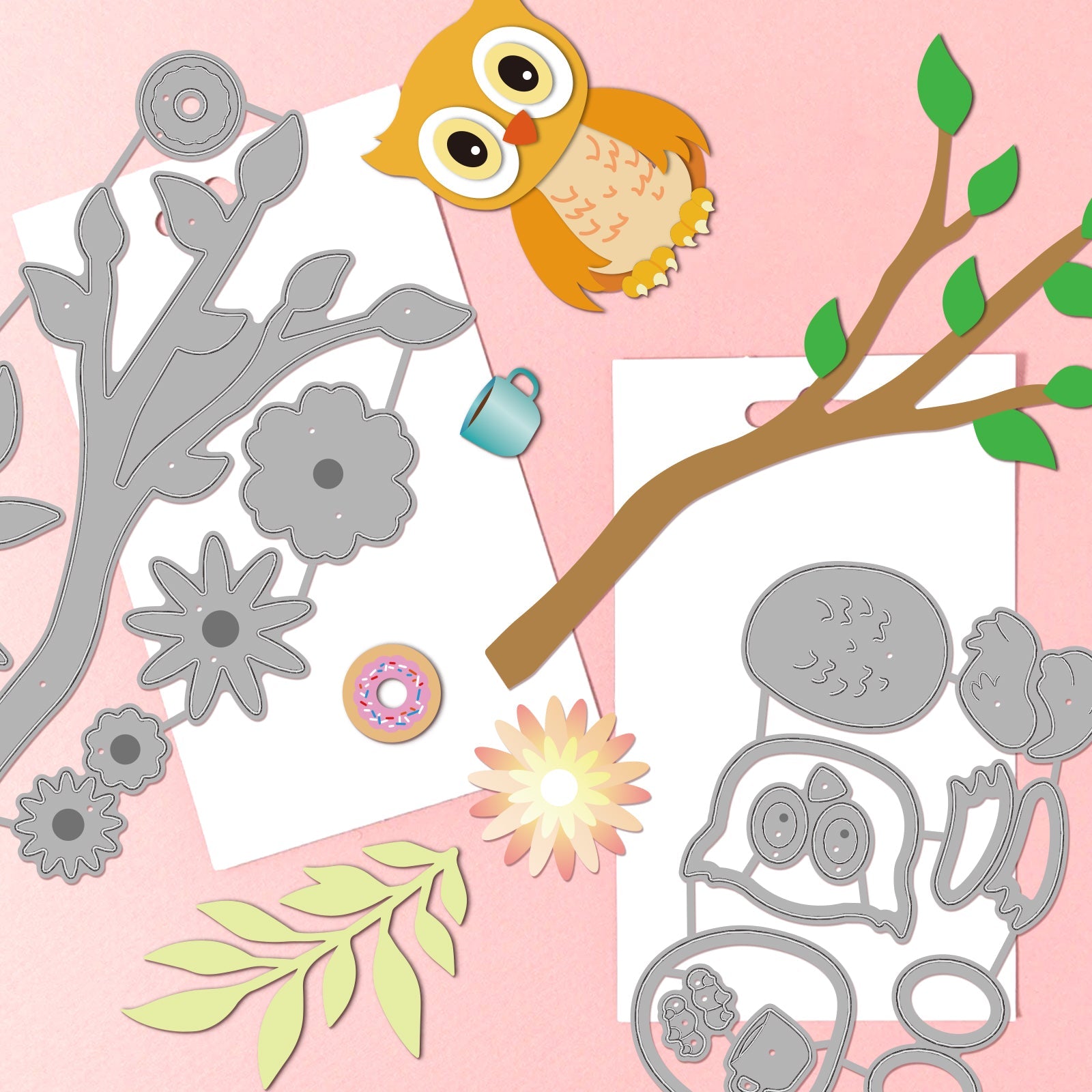 CRASPIRE Owl, Coffee, Donuts, Twigs Carbon Steel Cutting Dies Stencils, for DIY Scrapbooking/Photo Album, Decorative Embossing DIY Paper Card