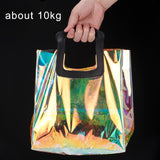 1 Set PVC Laser Transparent Bag, Tote Bag, with PU Leather Handles, for Gift or Present Packaging, Rectangle, Black, Finished Product: 25.5x18x10cm, 2pcs/set