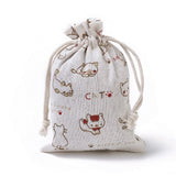20 pc Burlap Kitten Packing Pouches, Drawstring Bags, Rectangle with Cartoon Cat Pattern, White, 14.3~14.6x10~10.2cm