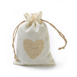 10 pc Burlap Packing Pouches, Drawstring Bags, Rectangle with Heart, Antique White, 14.2~14.5x10cm