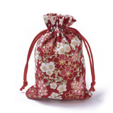20 pc Burlap Packing Pouches, Drawstring Bags, Rectangle with Flower Pattern, Red, 14.2~14.7x10~10.3cm