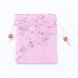 10 pc Silk Packing Pouches, Drawstring Bags, with Wood Beads, Pink, 14.7~15x10.9~11.9cm
