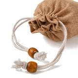 50 pc Burlap Packing Pouches, Drawstring Bags, with Wood Beads, Bisque, 10~10.1x8.2~8.3cm