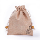50 pc Burlap Packing Pouches, Drawstring Bags, with Wood Beads, Bisque, 14.6~14.8x10.2~10.3cm