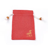 50 pc Burlap Packing Pouches, Drawstring Bags, with Wood Beads, Red, 14.6~14.8x10.2~10.3cm