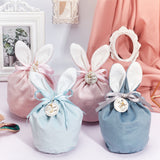 1 Bag 9 Pcs Velvet Jewelry Bags, 3 Colors Easter Rabbit Ear Candy Bags Drawstring Gift Pouches with Plastic Imitation Pearl Bead for Wedding Birthday Easter Party Cookie Packaging