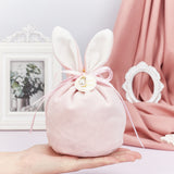 1 Bag 9 Pcs Velvet Jewelry Bags, 3 Colors Easter Rabbit Ear Candy Bags Drawstring Gift Pouches with Plastic Imitation Pearl Bead for Wedding Birthday Easter Party Cookie Packaging