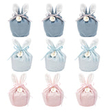 1 Bag 9 Pcs Velvet Jewelry Bags, 3 Colors Easter Rabbit Ear Candy Bags Drawstring Gift Pouches with Plastic Imitation Pearl Bead for Wedding Birthday Easter Party Cookie Packaging