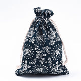50 pc Printed Polycotton(Polyester Cotton) Pouches, Drawstring Bags, Prussian Blue, Floral Pattern, 17.5~18x12.7~13cm