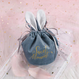 10 pc Drawstring Velvet Bags, with Rabbit Ear, Sweet Moment Printed Gift Bag, Wedding Celebration Candy Bags, Blue, 17x10x13cm