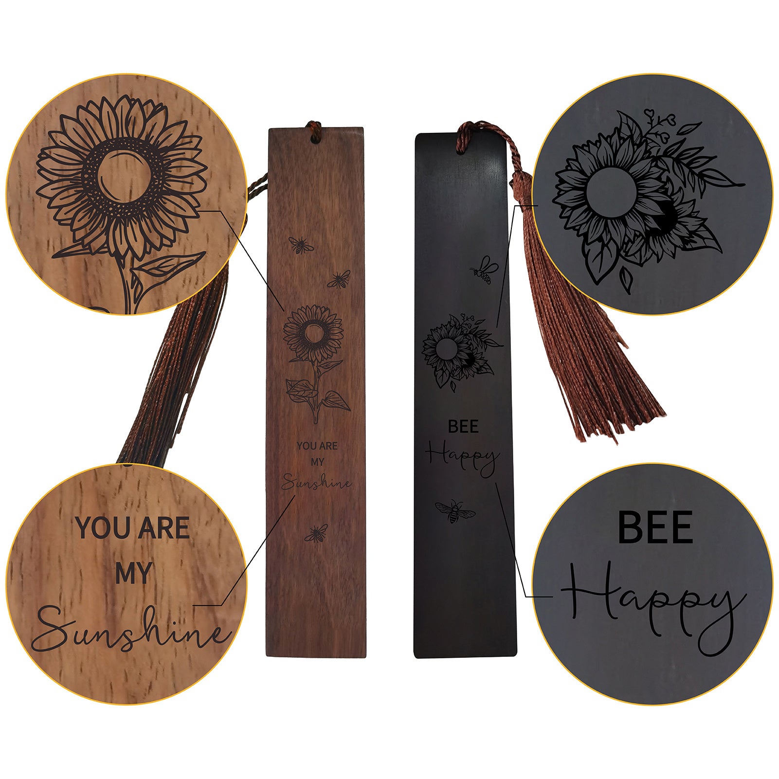 CRASPIRE 1 set Rosewood & African Blackwood Bookmarks Set, Laser Engraving, Rectangle with Word Your Are My Sunshine & Bee Happy, Sunflower Pattern, 148x25mm, 2pcs/set