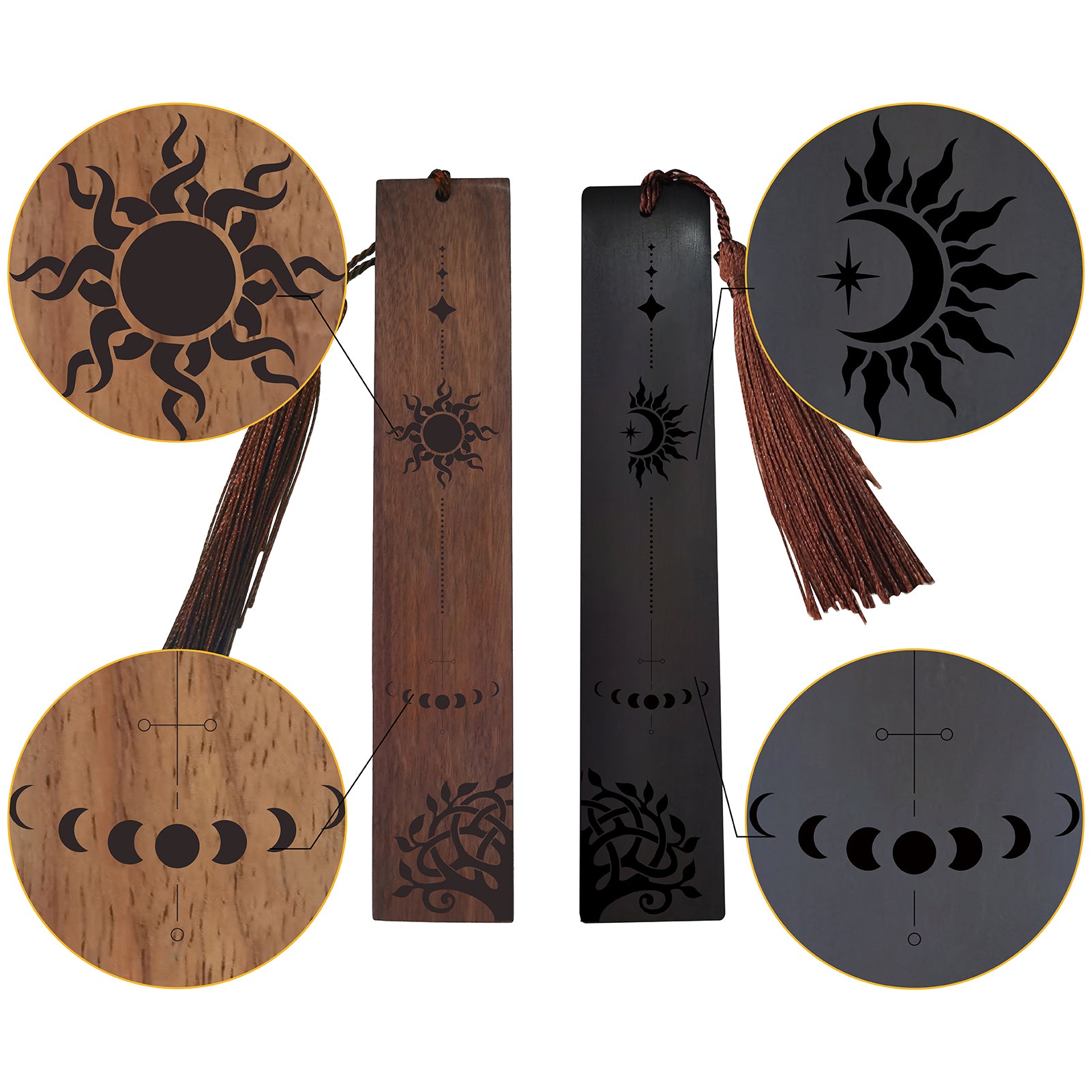 CRASPIRE 1 set Rosewood & African Blackwood Bookmarks Set, Laser Engraving, Rectangle, Sun Pattern, 148x25mm, 2pcs/set