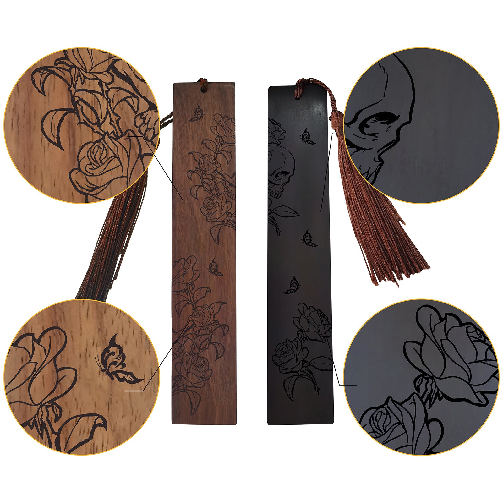 CRASPIRE 1 set Rosewood & African Blackwood Bookmarks Set, Laser Engraving, Rectangle with Flower & Skull, Mixed Patterns, 148x25mm, 2pcs/set
