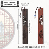 2Pcs 2 Colors Wood Bookmarks, with Porcelain Beads, Rectangle with Hollow Half Round & Tree of Life Pattern, Mixed Color