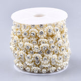 1 Roll Plastic Imitation Pearl Beaded Trim Garland Strand, Great for Door Curtain, Wedding Decoration DIY Material, with Rhinestone, Floral White, 16.5x5mm, 10yards/roll