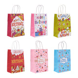 1 Bag Mega Pet 18Pcs 6 Style Rectangle with Word Happy Birthday Kraft Paper Bags, with Handle & Cartoon Pattern, for Gift Packaging, Birthday Themed Pattern, 2.2~2.9cm, 3pcs/style