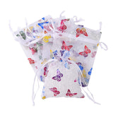1 Set Rectangle Printed Organza Drawstring Bags, Colorful Butterfly Pattern, White, 12x9cm