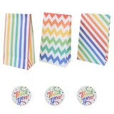 10 Set 24Pcs 3 Style Stripe Pattern Rectangle Kraft Paper Bags, None Handles, Shopping Gift Bags, with 24Pcs Stickers, Mixed Patterns, Bag: 8x12x21.5cm; Stickers: 35mm