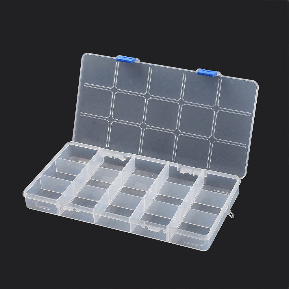 CRASPIRE 2 pcs 15 Grids Organizer Storage Plastic Boxes, Adjustable Dividers  Boxes, Rectangle, Clear, 30x15.5x3cm, Inner Diameter: 5.4x4.5cm