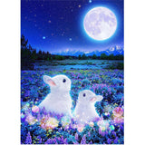 Craspire DIY Rectangle Rabbit Theme Diamond Painting Kits, Including Canvas, Resin Rhinestones, Diamond Sticky Pen, Tray Plate and Glue Clay, Rabbits in the Moon Night, Blue, 400x300mm, 2Set/Pack