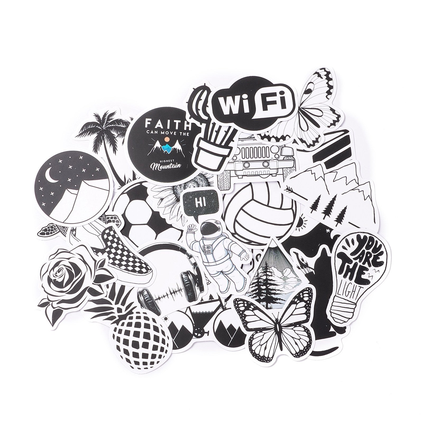 Craspire Mix Pattern Cartoon Stickers, Vinyl Waterproof Decals, for Water Bottles Laptop Phone Skateboard Decoration, Black & White, 4.2x3.2x0.02cm, 50pcs/bag