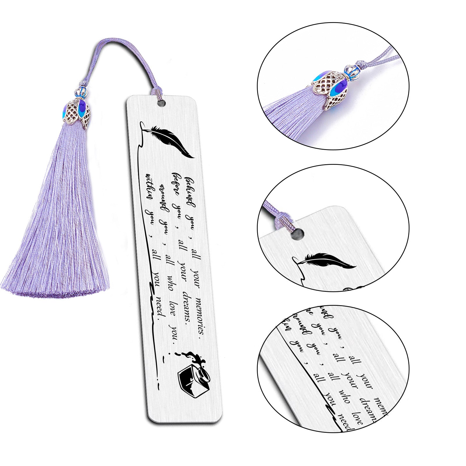 Wish You Rectangle Bookmark for Reader, Stainless Steel Bookmark with Big Nylon Tassel, Feather Pattern, 125x26mm