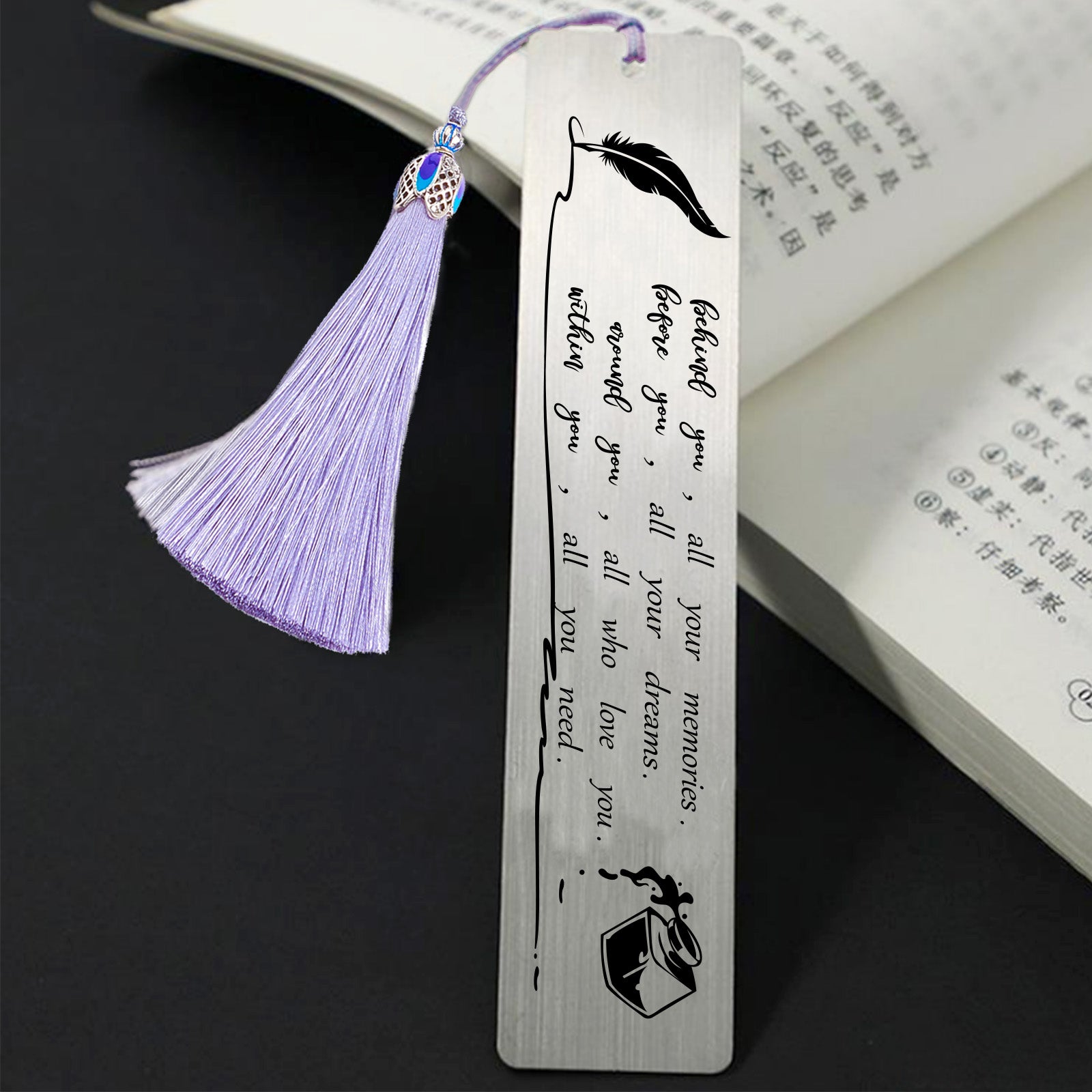Wish You Rectangle Bookmark for Reader, Stainless Steel Bookmark with Big Nylon Tassel, Feather Pattern, 125x26mm