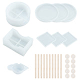 Cup Mat Silicone Molds Sets, Resin Casting Molds, For UV Resin, Epoxy Resin Craft Making, with Birch Wooden Craft Ice Cream Sticks, Latex Finger Cots, Silicone Stirring Bowl, White, 7.1~9x9~10.4x9~10.3x0.9~4.1cm, 8pcs/set