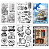 Craspire Craspire Travel Theme 4 Sheets 4 Styles PVC Plastic Stamps, for DIY Scrapbooking, Photo Album Decorative, Cards Making, Stamp Sheets, Clock & Compass & Ship & Luggage Pattern, Mixed Patterns, 160x110x3mm, 1 sheet/style