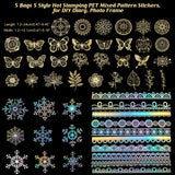 Craspire 5 Bags 5 Style Hot Stamping PET Mixed Pattern Stickers, for DIY Diary, Photo Frame, Mixed Patterns, 12~240x12~131x0.2~0.4mm, 1 bag/style