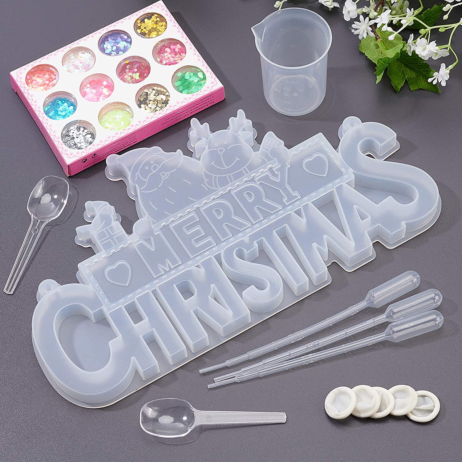 Christmas DIY Tablet Pendant Hanging Silicone Molds Kit, Resin Casting Molds, For UV Resin, Epoxy Resin Making, Santa Claus & Word Merry Christmas, with Plastic Findings, Nail Art Sequins, Mixed Color, 270x150x15.5mm