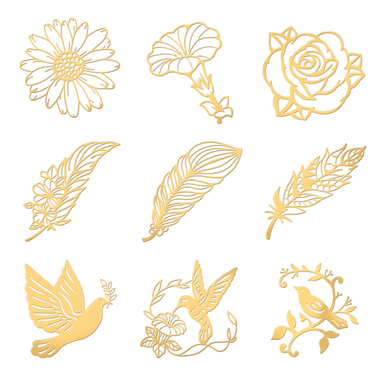 9Pcs 9 Styles Custom Carbon Steel Self-adhesive Picture Stickers, Golden, Flower & Leaf & Bird, Mixed Patterns