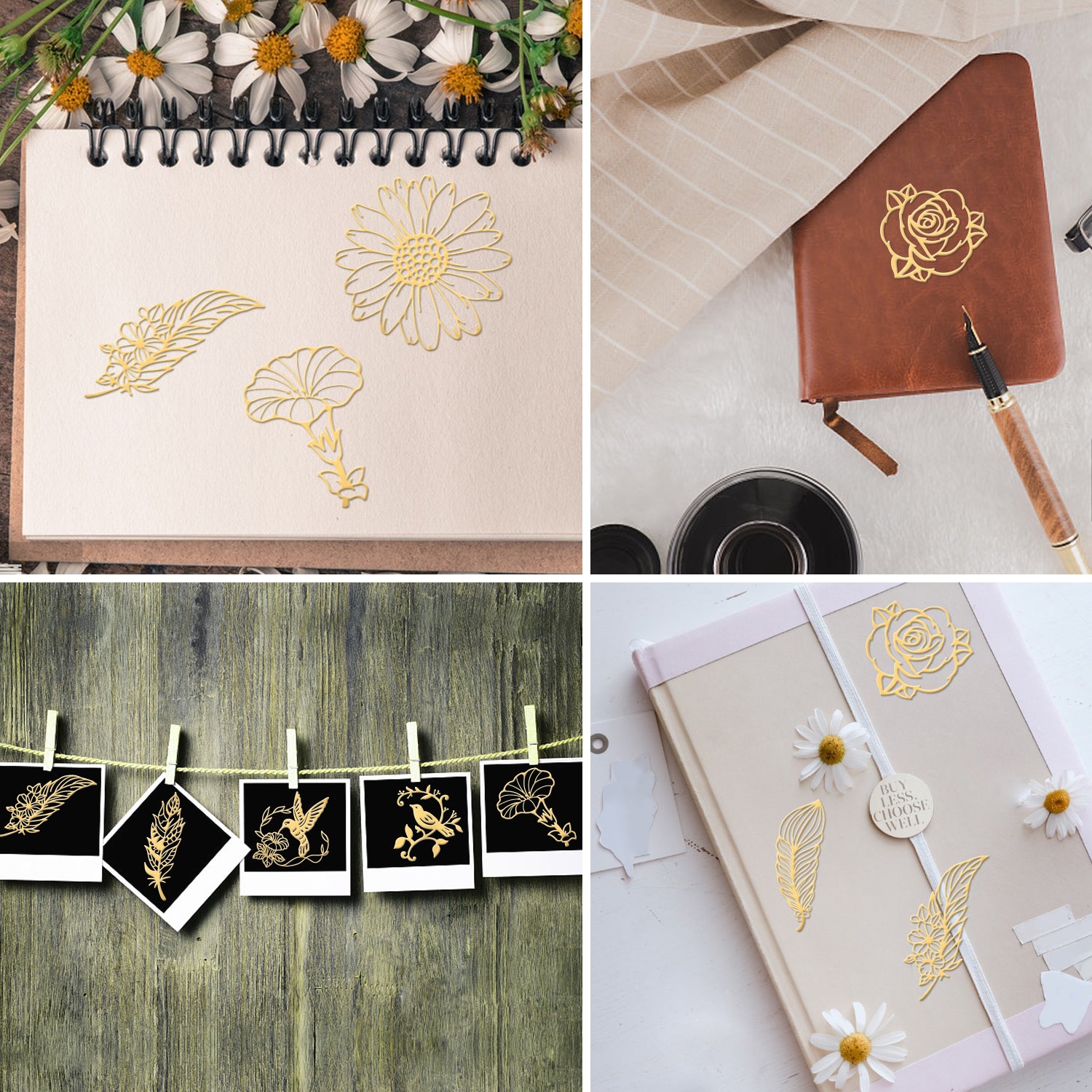 9Pcs 9 Styles Custom Carbon Steel Self-adhesive Picture Stickers, Golden, Flower & Leaf & Bird, Mixed Patterns