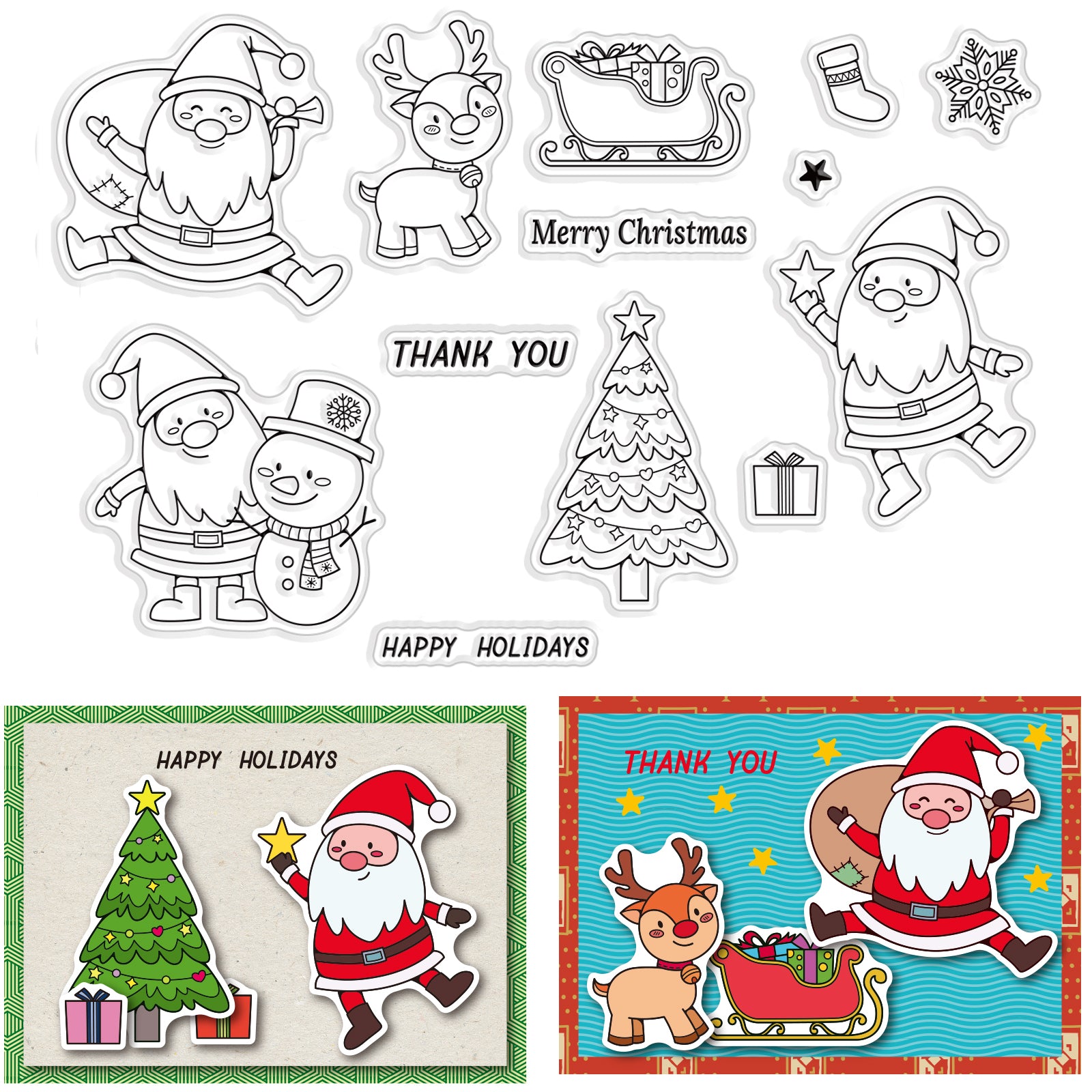 Christmas postage stamps with Santa Claus, Snowman, Deer