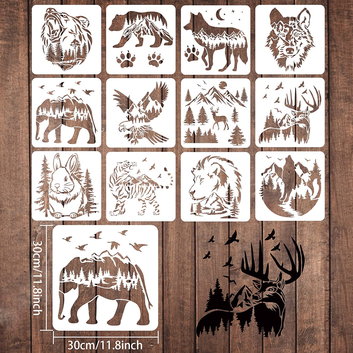 CRASPIRE 12PCS/Set Bear Deer Eagle Rabbit Wolf Stencils, 11.8x11.8 Inch  Tiger Elephant Claw Animal Stencils for Drawing, Wildlife Stencils for  Painting on Wood Fabric Canvas Walls Stencil