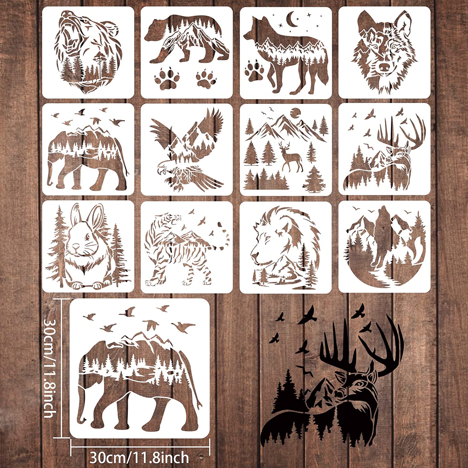 12PCS/Set Bear Deer Eagle Rabbit Wolf Stencils, 11.8x11.8 Inch Tiger  Elephant Claw Animal Stencils for Drawing, Wildlife Stencils for Painting  on Wood
