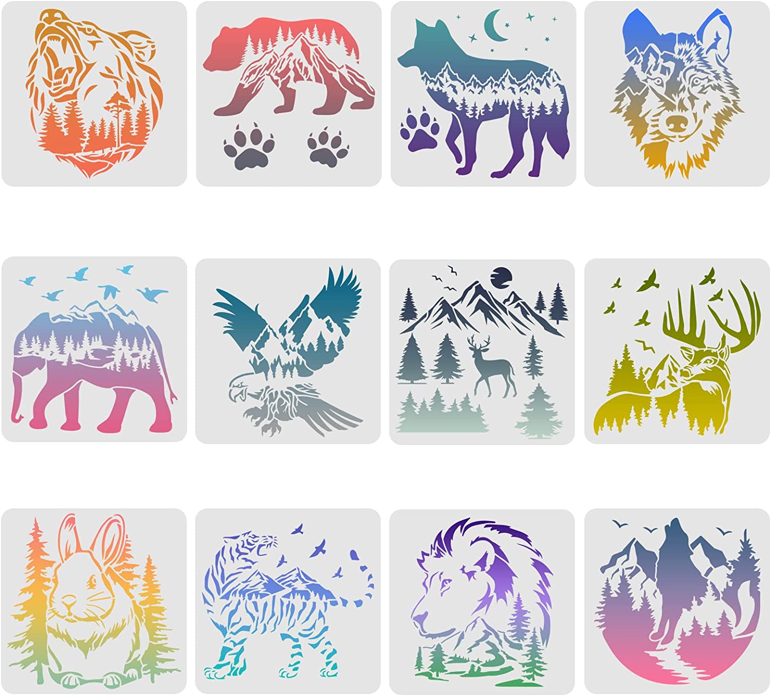 CRASPIRE 12PCS/Set Bear Deer Eagle Rabbit Wolf Stencils, 11.8x11.8 Inch  Tiger Elephant Claw Animal Stencils for Drawing, Wildlife Stencils for  Painting on Wood Fabric Canvas Walls Stencil