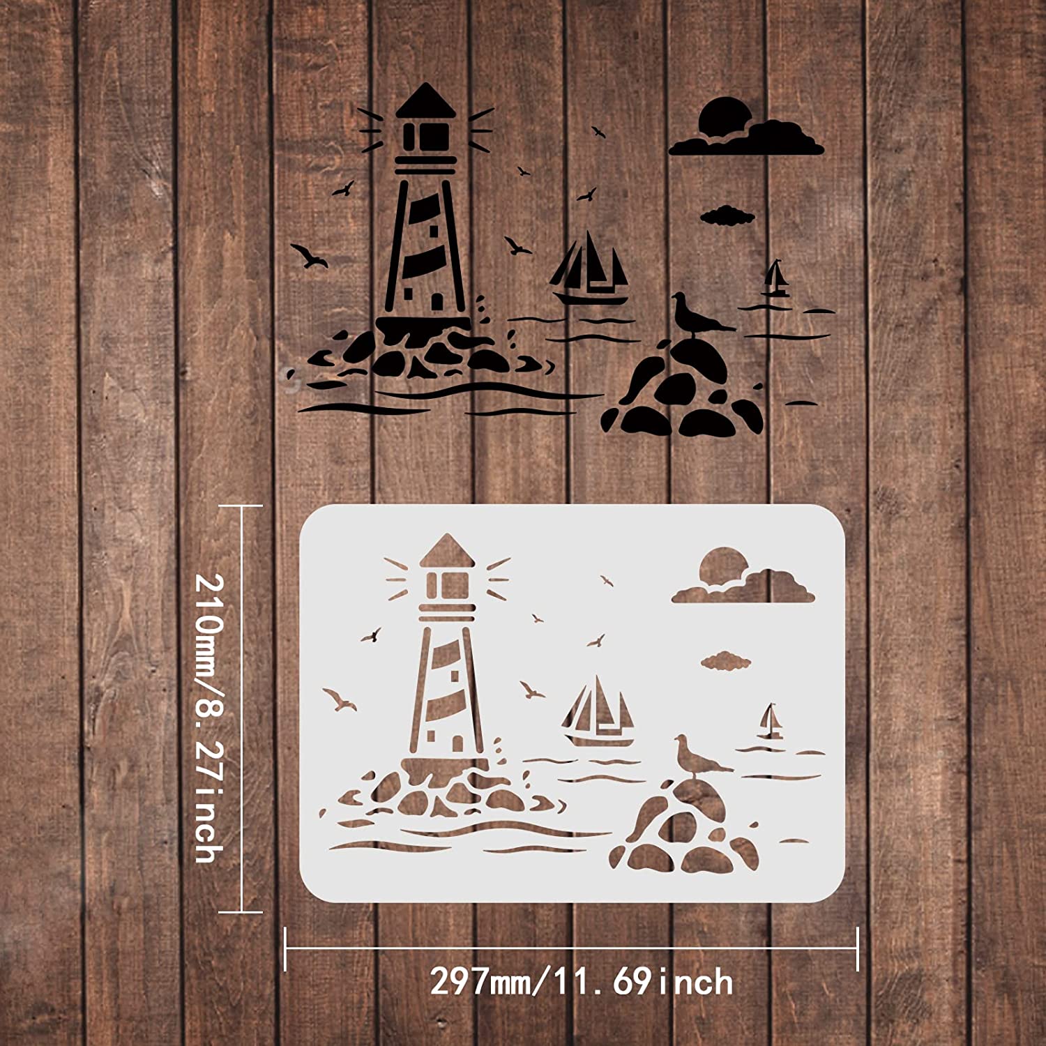 Ocean Lighthouse Painting Stencil in Large Sizes, 11.6x8.3 inch Plastic Stencils Decoration Reusable Stencils for DIY Gifts DIY Shirts DIY Handmade Wall Painting