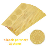 100pcs Embossed Gold Foil Five-Pointed Star Seals Self Adhesive Stickers