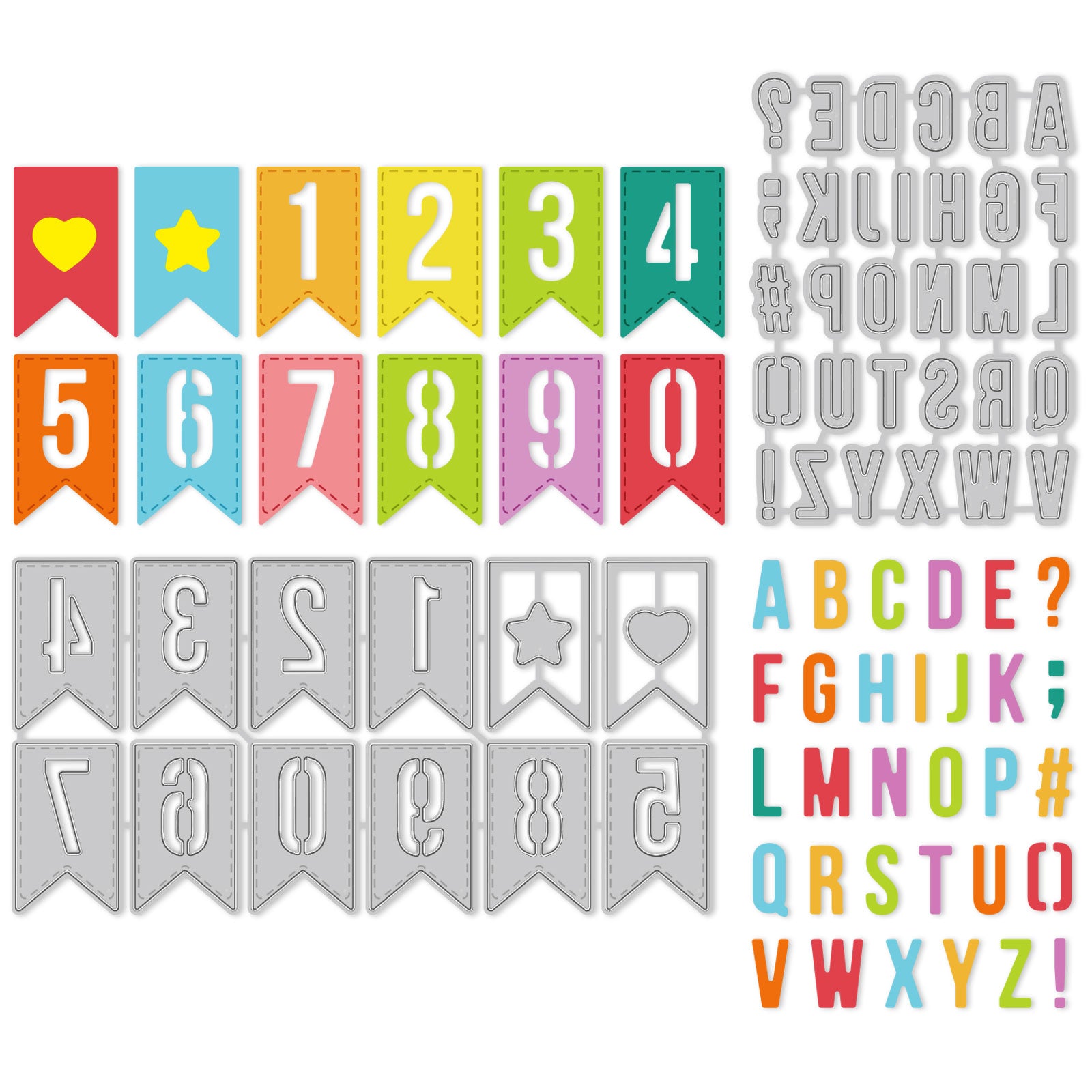 1Set Metal Alphabet Set Cut Dies Numbers Embossing Template Mould Pennant and Symbol Die Cuts for Birthday Card Scrapbooking and Card DIY Craft