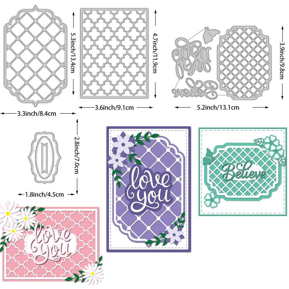 CRASPIRE 4Pcs 4 Styles Carbon Steel Cutting Dies Stencils, for DIY Scrapbooking, Photo Album, Decorative Embossing Paper Card, Stainless Steel Color, Matte Style, Mesh & Word Believe Love You, Mixed Patterns, 7~13.4x4.5~13.1x0.08cm, 1pc/style