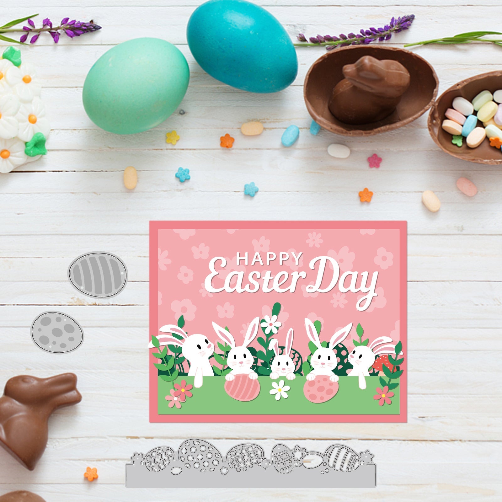 CRASPIRE 2Pcs 2 Styles Carbon Steel Cutting Dies Stencils, for DIY Scrapbooking, Photo Album, Decorative Embossing Paper Card, Stainless Steel Color, Easter Egg & Rabbit & Word Happy Easter Day, Easter Theme Pattern, 3~15.9x10.7~15.1x0.08cm, 1pc/style
