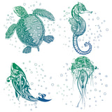 Craspire 8Pcs 4 Styles Self Adhesive Waterproof PVC Sticker, for Wall, Window and Stairway Decoration, Round, Light Sea Green, Sea Animals, 16x0.03cm, 2pcs/style