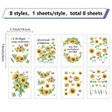 Craspire 8 Sheets 8 Styles PVC Waterproof Wall Stickers, Self-Adhesive Decals, for Window or Stairway Home Decoration, Rectangle, Sunflower Pattern, 200x145mm, about 1 sheets/style