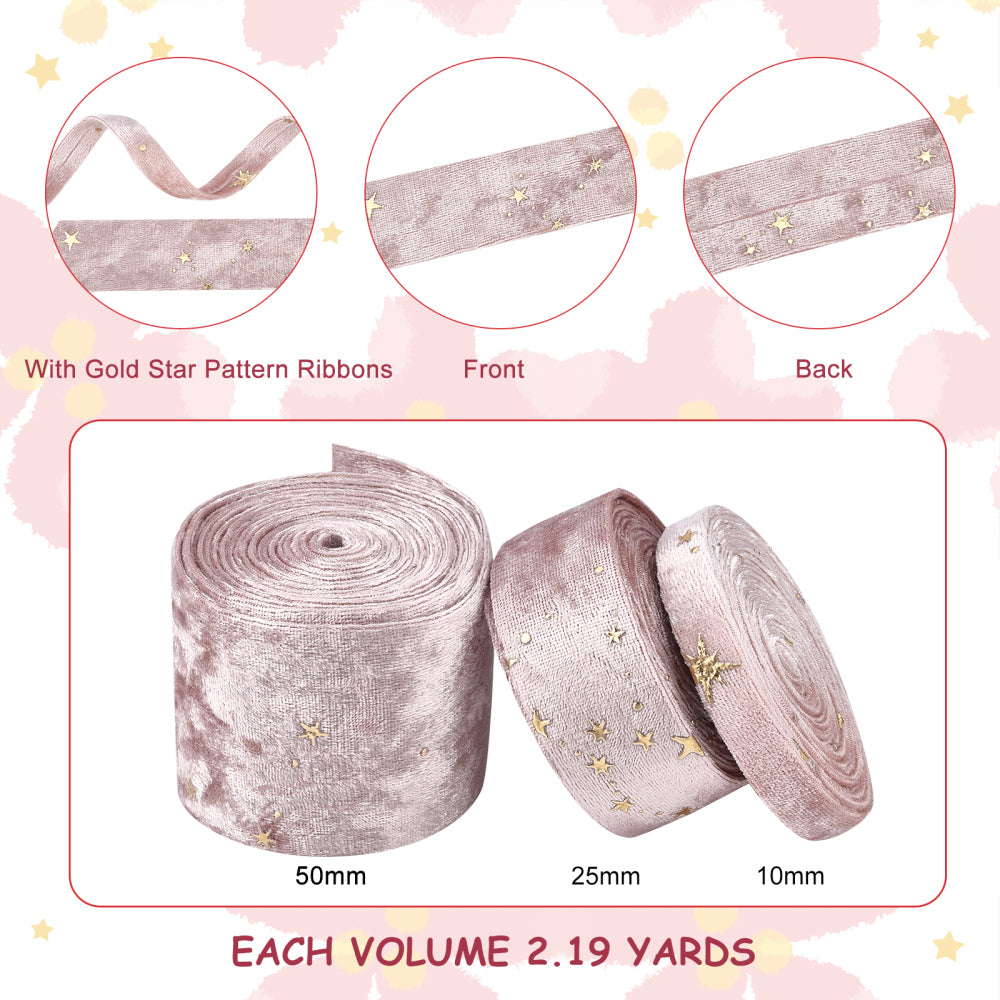 CRASPIRE 1 Bag 6.6 Yards 3 Sizes Velvet Ribbons with Star Pattern Rose  Double Faced Velvet Ribbon for Sewing Craft Gift Package (3/8 inch, 1 inch,  2 inch)