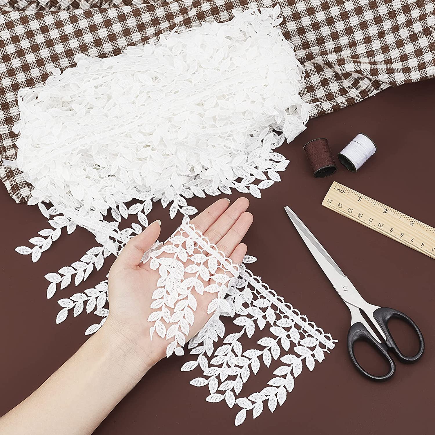 7.5 Yards Lace Trim with Leaf Tassel Ribbon White Sewing Fringe Trim Crafts Decorative Trim DIY Sewing Craft Lace Trim for Wedding Bridal Dress Party Clothes Decoration